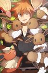  brown_hair eevee flareon male male_focus ookido_green pidgeotto pidgey pokemon pokemon_(game) rakuraku yellow_eyes 