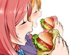  blazer blurry blush bow bowtie brown_hair closed_eyes depth_of_field eating food hamburger highres jacket kousaka_honoka love_live! love_live!_school_idol_project multiple_girls nishikino_maki open_mouth otonokizaka_school_uniform red_eyes school_uniform shinjiro short_hair 