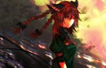  animal_ears ascot braid cat_ears fang gradient gradient_background kaenbyou_rin multiple_tails red_eyes red_hair solo tail touhou twin_braids wind yutapon 