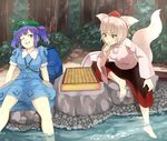  animal_ears bag bare_shoulders barefoot blue_hair blush board_game breasts detached_sleeves forest hakama hat highres inubashiri_momiji japanese_clothes kawashiro_nitori key medium_breasts multiple_girls nature one_eye_closed open_mouth pom_pom_(clothes) red_eyes shougi sitting sitting_on_rock tail takenoko_lv9 tokin_hat touhou two_side_up water wolf_ears wolf_tail 