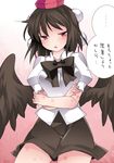  black_hair blush bow bug_bite commentary dress_shirt hammer_(sunset_beach) hat looking_at_viewer open_mouth red_eyes shameimaru_aya shirt short_hair skirt solo tokin_hat touhou translated wings 