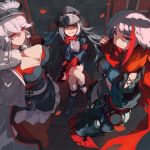  3girls admiral_graf_spee_(azur_lane) azur_lane bangs black_dress black_hair blue_eyes blunt_bangs breasts cleavage deutschland_(azur_lane) dress eyebrows_visible_through_hair fur_trim gloves graf_zeppelin_(azur_lane) hat highres iron_cross long_hair long_sleeves multicolored_hair multiple_girls natsumoka peaked_cap red_eyes red_hair scarf short_hair sidelocks silver_hair streaked_hair very_long_hair 