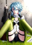  anti-materiel_rifle blue_eyes blue_hair breasts bullet green_hair green_legwear gun jacket kai_(link2262) medium_breasts mouth_hold open_clothes open_jacket pgm_hecate_ii rifle scarf short_hair short_shorts shorts sinon sitting sniper_rifle spread_legs sword_art_online thighhighs weapon 