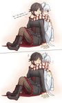  2girls back-to-back back_to_back black_hair blue_eyes blush boots cape couple dress frills hood hooded_cape multiple_girls ponytail ruby_rose rwby scarf shared_scarf shy smile weiss_schnee white_hair xenon54165 yuri 