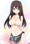  akagi_(kantai_collection) alternate_costume arms_behind_back bad_id bad_pixiv_id bikini blush bow_(weapon) breasts brown_eyes brown_hair kantai_collection large_breasts long_hair looking_at_viewer navel sarong smile solo swimsuit weapon yostxxx 