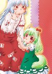  arm_grab ex-keine fujiwara_no_mokou hand_on_own_knee horns kamishirasawa_keine long_hair matty_(zuwzi) multiple_girls orange_eyes pants red_eyes shirt silver_hair suspenders sweat tail tearing_up touhou younger 