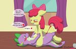  apple_bloom_(mlp) blush bow caluriri cub cum cutie_mark_crusaders_(mlp) dialog dildo duo earth_pony english_text equine female feral friendship_is_magic fur green_eyes hair hair_bow horse inside male mammal my_little_pony pegging penis pony purple_body red_hair sex_toy smile speech_balloon spike_(mlp) strapon teeth text yellow_fur young 