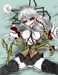 arthropod breasts creature_inside hair heart insect insect_girl looking_at_viewer monster monster_girl multi_limb pale_skin pointy_ears red_eyes reptile sangyou_haikibutsu_(turnamoonright) scalie snake stitches sweat unknown_artist white_hair 