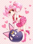  back_bow bishoujo_senshi_sailor_moon boots bow chibi_usa choker double_bun elbow_gloves full_body gloves hair_ornament hairpin heart knee_boots luna-p magical_girl pink pink_background pink_choker pink_footwear pink_hair pink_sailor_collar pink_skirt pleated_skirt red_eyes ribbon sailor_chibi_moon sailor_collar sailor_senshi_uniform short_hair skirt solo sora_(pikasora) striped striped_background tiara toy twintails white_gloves 
