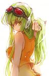  adjusting_hair bare_shoulders breasts c.c. code_geass cosplay creayus goggles goggles_on_head green_hair gumi gumi_(cosplay) headset large_breasts long_hair looking_at_viewer looking_back simple_background smile solo trait_connection twitter_username vocaloid white_background yellow_eyes 