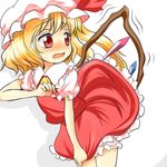  blonde_hair bloomers blush dress fang flandre_scarlet hat hat_ribbon mob_cap open_clothes open_shirt puffy_short_sleeves puffy_sleeves red_dress red_eyes ribbon shirt short_sleeves side_ponytail simple_background skirt skirt_lift solo touhou underwear white_background wings yuuma_(pumpkin) 