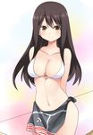  akagi_(kantai_collection) alternate_costume arms_behind_back bad_id bad_pixiv_id bikini blush bow_(weapon) breasts brown_eyes brown_hair kantai_collection large_breasts long_hair looking_at_viewer navel revision sarong smile solo swimsuit weapon yostxxx 