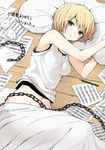  armpits bad_id bad_pixiv_id bandaid bandaid_on_face bangs bare_shoulders bed_sheet blonde_hair breasts chain covered_nipples crumpled_paper drawing dutch_angle from_above from_side genderswap genderswap_(mtf) grey_eyes groin hands_up hunter_x_hunter impossible_clothes impossible_shirt kurapika looking_at_viewer lying midriff navel on_floor paper parted_lips pencil pillow shirt short_hair small_breasts solo tank_top translated under_covers white_shirt wooden_floor yukiji_tokiji 
