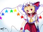  alternate_wings ascot asymmetrical_hair banned_artist blonde_hair blush flandre_scarlet hat highres laevatein red_eyes short_hair side_ponytail smile solo star touhou wings wrist_cuffs yusano 