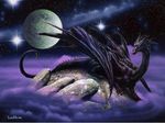  black_scales cloud crouching dragon feral galaxy looking_at_viewer lori_howe milky_way moon on_rock planet rock scalie sitting solo space stars western_dragon wings yellow_eyes 