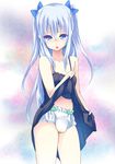  blue_eyes blue_hair diaper dress dress_lift gucchiann highres long_hair navel original pee pee_stain peeing peeing_diaper peeing_self ribbon solo tears two_side_up wet_diaper 