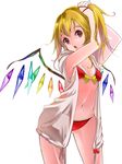  adjusting_hair armpits bikini blonde_hair commentary_request flandre_scarlet highres jacket jacket_over_swimsuit namauni navel open_clothes open_mouth open_shirt red_bikini red_eyes shirt side_ponytail simple_background sleeveless solo swimsuit touhou tying_hair white_background wings 