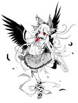  arm_cannon ballpoint_pen_(medium) bird_wings black_wings bow cape feathers hair_bow highres looking_at_viewer marker_(medium) monochrome red_eyes reiuji_utsuho shirt skirt smile solo spot_color standing standing_on_one_leg third_eye touhou toutenkou traditional_media weapon wings 
