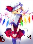  arms_behind_back asymmetrical_hair banned_artist blonde_hair chromatic_aberration flandre_scarlet hat highres laevatein looking_back red_eyes short_hair side_ponytail solo thighhighs touhou white_legwear wings wrist_cuffs yusano 