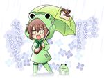  animalization boots brown_hair chibi frog hair_ornament hairclip ikazuchi_(kantai_collection) kadose_ara kantai_collection mutsu_(kantai_collection) mutsu_(snail) rain raincoat rubber_boots snail translated umbrella 