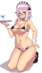  bare_shoulders bikini black_bikini breasts cleavage demon_girl detached_collar full_body glasses hair_between_eyes horns houtengeki kneeling large_breasts looking_at_viewer maid maid_bikini maid_headdress micro_bra navel open_mouth original pointy_ears purple_eyes purple_hair red-framed_eyewear seiza semi-rimless_eyewear short_hair simple_background sitting solo strap_gap string_bikini swimsuit tray under-rim_eyewear white_background wrist_cuffs 