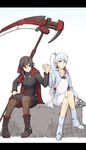  2girls black_hair blue_eyes boots cape dress frills grin hood hooded_cape multiple_girls ponytail ruby_rose rwby scythe smile sword weapon weiss_schnee white_hair xenon54165 