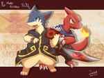  anthro blue_eyes book cape charmeleon claws clothing duo fire ivan-jhang necklace nintendo open_mouth pok&#233;mon pok&eacute;mon quilava runes smile standing sword typhlosion video_games weapon yellow_eyes 