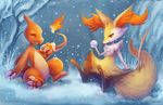  braixen canine charmeleon claws couple cute duo eldrige eyes_closed fennec fire forest fox grass happy mammal nintendo open_mouth outside pawpads paws pok&#233;mon pok&eacute;mon sitting smile snow tree video_games 