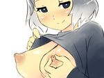  blue_eyes blush breasts clothes_lift large_breasts mike_inel naughty_face nipple_tweak nipples original perky_breasts shirt_lift short_hair silver_hair smile solo sweater sweater_lift 