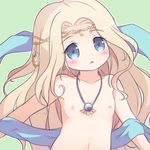  blonde_hair blue_eyes blush cygnus_(maplestory) flat_chest green_background jewelry long_hair maplestory navel necklace nekono_rin nipples nude petite simple_background solo 