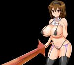  1girl bitch_jk_in_rpg black_background breasts brown_hair happy_life large_breasts simple_background smile solo sword weapon 
