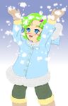  blue_eyes coat elchi_cargo female gloves green_hair no_pupils sentou_mecha_xabungle snow solo younger 