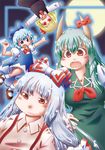  :d blue_eyes blue_hair blush_stickers bow cirno ex-keine fangs fujiwara_no_mokou full_moon green_hair hair_bow hair_ribbon horn_ribbon horns kamishirasawa_keine long_hair matty_(zuwzi) moon multiple_girls open_mouth outstretched_arms red_eyes ribbon rumia short_hair silver_hair smile spread_arms sweat touhou upside-down wavy_mouth wings 