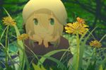  bee blonde_hair blue_eyes blurry bug depth_of_field flower grass hand_on_own_chin hat insect long_sleeves maribel_hearn smile solo tokoroten_(hmmuk) touhou tree 