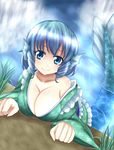  animal_ears bad_id bad_pixiv_id blue_eyes blue_hair breasts cleavage grass ground head_fins highres japanese_clothes kimono large_breasts long_sleeves lying mermaid monster_girl obi sash short_hair smile solo touhou wakasagihime water wendell wide_sleeves 