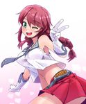  ;d braid breasts brown_hair gloves green_eyes kantai_collection large_breasts long_hair magenta_(atyana) midriff navel noshiro_(kantai_collection) one_eye_closed open_mouth school_uniform serafuku skirt smile solo twin_braids v white_gloves 