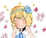  alice_margatroid alice_margatroid_(pc-98) ascot blonde_hair blush_stickers bug butterfly closed_eyes commentary fingers_to_cheeks flower hair_ribbon insect ribbon shirt simple_background smile solo timesoe touhou touhou_(pc-98) white_background white_shirt 