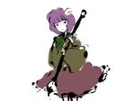  absurdres bad_id bad_pixiv_id bob_cut calligraphy_brush flower hair_flower hair_ornament hieda_no_akyuu highres holding_brush ink japanese_clothes kimono light_smile looking_to_the_side oversized_object paintbrush purple_hair short_kimono simple_background skirt solo sumi-e timesoe touhou white_background 