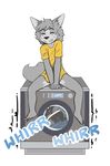  barefoot bottomless bubble canine clothing cub cute eyes_closed fangs freckles fur grey_fur happy harmarist male mammal plain_background sheath_and_knife shirt sitting smile solo suds washing_machine water white_background wolf yellow_shirt young 