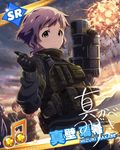  artist_request beamed_eighth_notes black_hair card_(medium) character_name character_signature explosion fim-92_stinger gloves gun idolmaster idolmaster_million_live! kasuga_mirai makabe_mizuki mogami_shizuka multiple_girls musical_note official_art purple_hair rocket_launcher short_hair silver_hair weapon yellow_eyes 