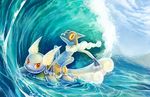  amphibian bubble cloud duo eldrige frog frogadier mountain nintendo orange_eyes outside pok&#233;mon reptile scalie smile surf surfing swimming turtle video_games wartortle water wings 