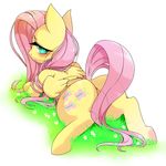  blush butt cutie_mark equine female flower fluttershy_(mlp) friendship_is_magic fur grass green_eyes hair hooves horse lemoco99 long_hair looking_back lying mammal my_little_pony pegasus pink_hair pink_tail pony rainbow_tail raised_tail solo wings yellow_fur 