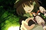  blurry brown_eyes brown_hair bug capelet depth_of_field flower hands hat insect ladybug open_mouth shirt solo tokoroten_(hmmuk) touhou tree usami_renko 