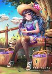  basket bench black_hair cup fence flower hat leaf long_hair polka_dot polka_dot_legwear purple_eyes sandals sitting straw_hat suspenders teacup tenka_touitsu_chronicle thighhighs tree twintails yamkom 