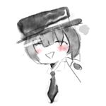  bad_id bad_pixiv_id black_hair black_neckwear blush bow closed_eyes doodle faux_traditional_media hat hat_bow lowres necktie open_mouth side_ponytail simple_background smile solo timesoe touhou usami_renko white_background white_bow 