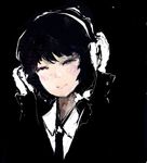  bad_id bad_pixiv_id black_background black_hair black_neckwear blending bow closed_eyes formal hands_on_headphones headphones highres monochrome necktie no_hat no_headwear side_ponytail simple_background solo spot_color suit timesoe touhou usami_renko white_bow 