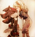  aoki_(fumomo) bad_id bad_pixiv_id blonde_hair dress furry kiss layered_sleeves maria_robotnik nose_kiss shadow_the_hedgehog sonic_the_hedgehog traditional_media 