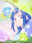  1girl blue_eyes blue_hair dokidoki!_precure flower frog hishikawa_rikka hydrangea kurocchirokko looking_at_viewer precure rain rakeru_(dokidoki!_precure) umbrella 
