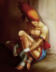  abs adon_(street_fighter) ankle_wrap armband barefoot frown hand_wraps headband highres male_focus mongkhon muscle orange_hair shirtless shorts sitting solo street_fighter torimeiro 