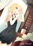  ange_vierge benio_(dontsugel) blonde_hair blush cup flower long_hair nightgown one_eye_closed open_mouth original red_eyes sleepy solo tears toothbrush waking_up yawning 